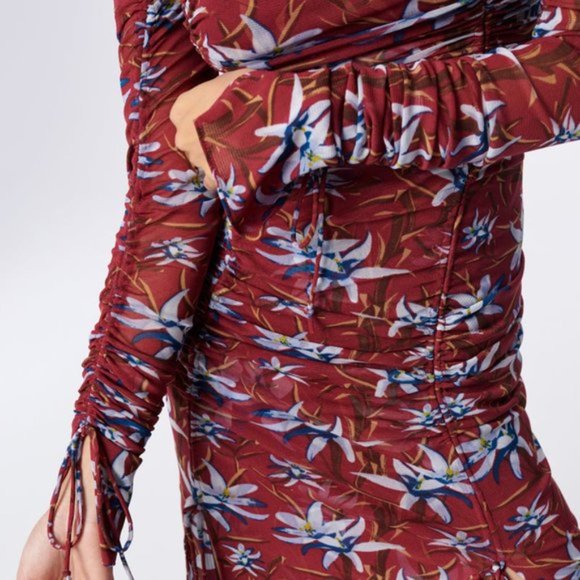 NWT DVF - Corinne Ruched Mesh Midi Dress in Harlow Small Wine - Picture 3 of 7